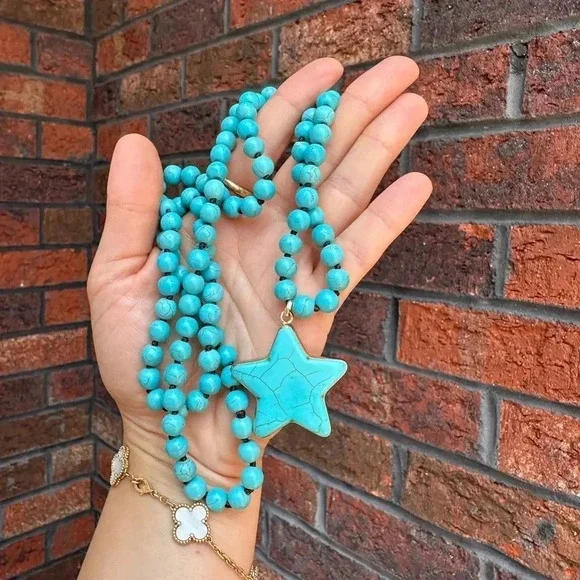 Turquoise Star Natural Stone Beads Bohemian Western Necklace - Picture 6 of 10